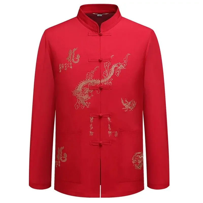 5Colors Dragon Male Clothes Tangsuit Traditional Chinese Clothing for Men Wushu Standing Collar Shirt Top Hanfu Dropshopping