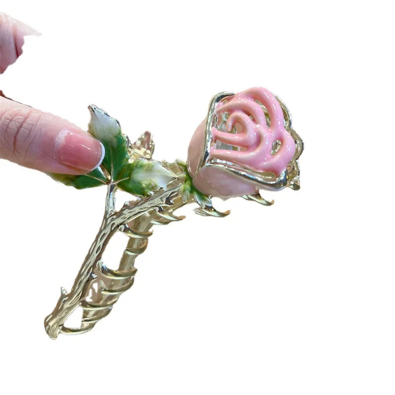 Elegant and Sweet Pink Roses Grab Clip Hairpin Large Metal Claw Crab Hairpin Shape Girl Fashion Hair Accessories Headwear