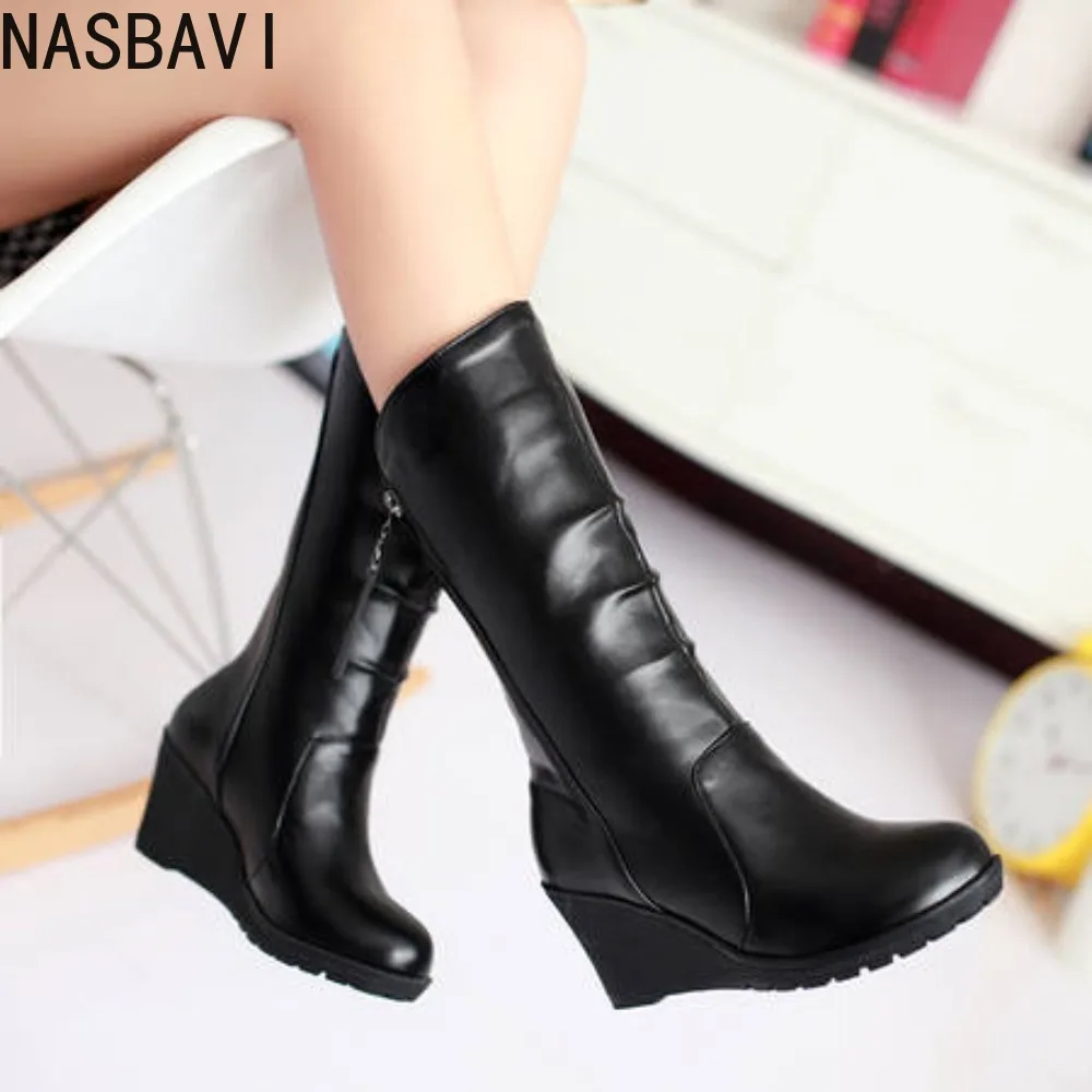 

Casual Wedge Heels Snow Boots Women Comfortable Fur Plush Mid-calf Boot Fashion Black Brown White Winter Shoes Large Size 45