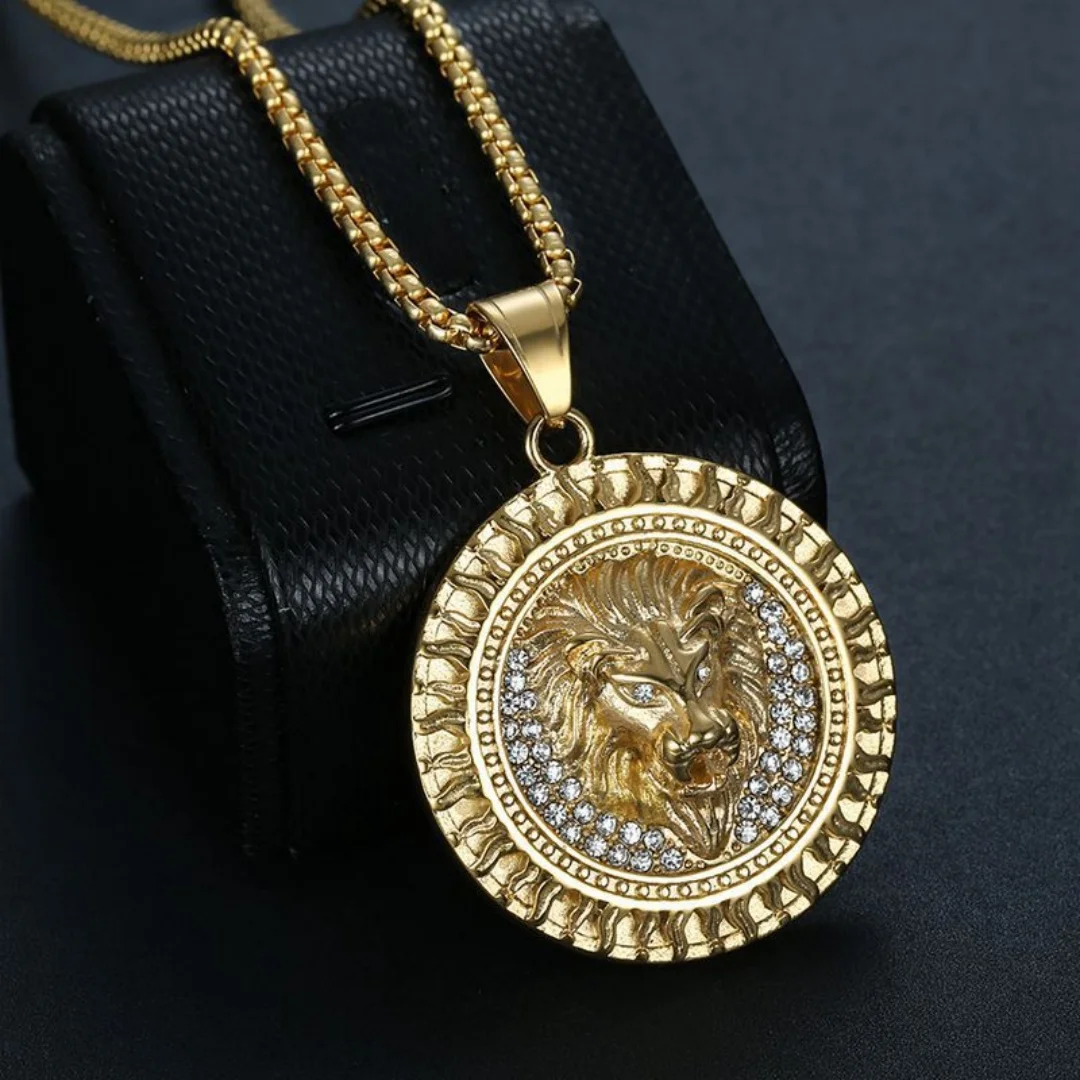 Punk Iced Out Bling Animal Lion Head Round Pendant Man Gold Silver Color Stainless Steel Zirconia Necklace for Woman Jewelry