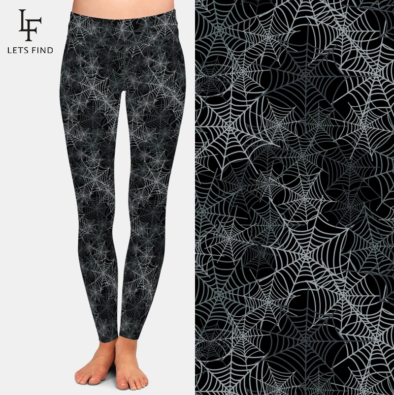 LETSFIND Women Workout Leggings Fashion 3D Spider\'s Web Print High Waist Elastic Fitness Soft Slim Full Leggings