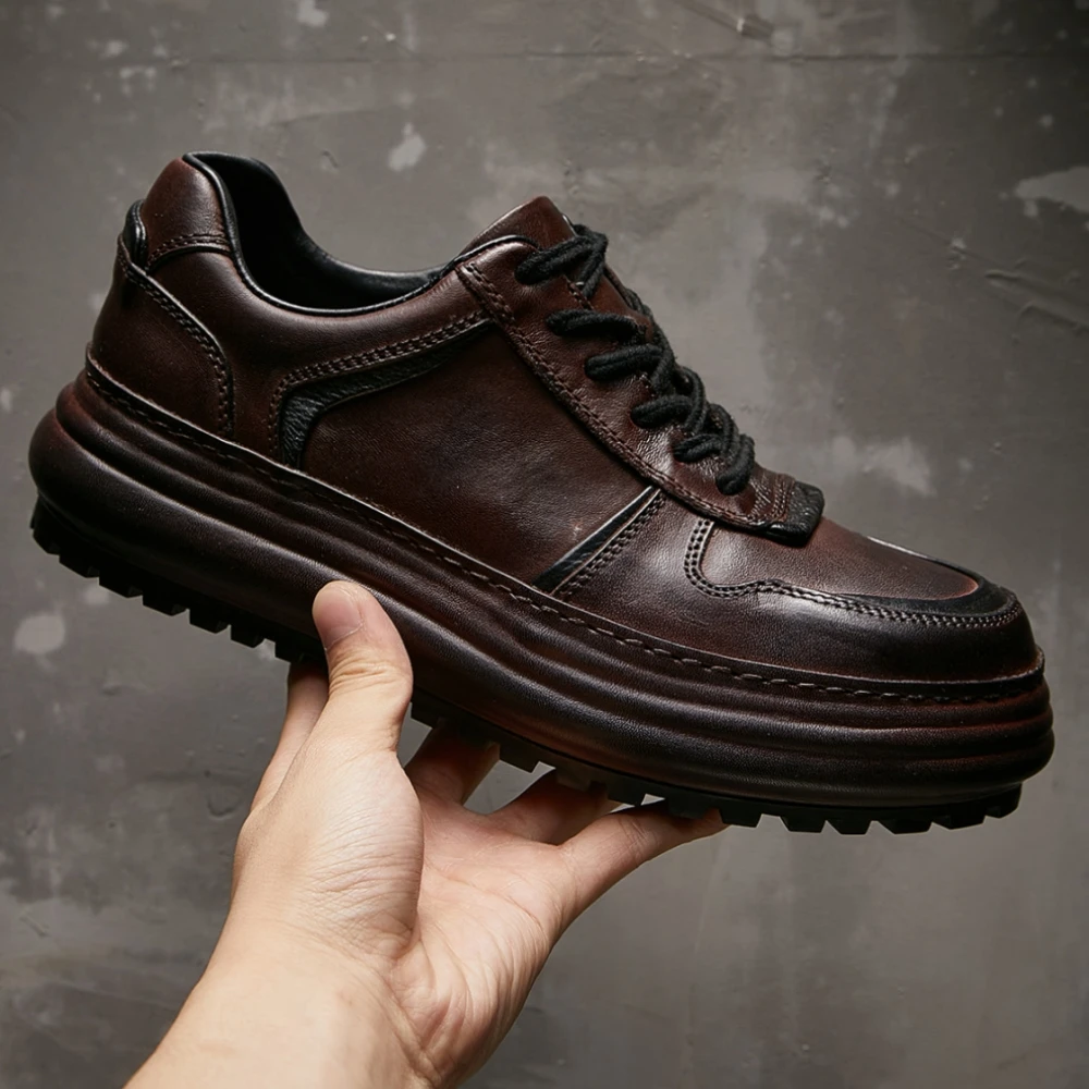 Handmade Cow Leather Retro Skater Shoes Thick Sole Fashion Lightweight Men Casual Shoes Outdoor Luxury Hiking Sneakers