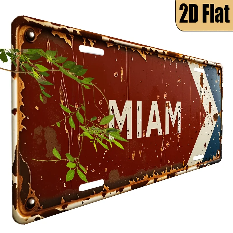 1pc Vintage Miami License Plate - Retro Red & White Miami Design with Bold MIA Letters - Heavy-Duty Aluminum Car Decoration - 6x
