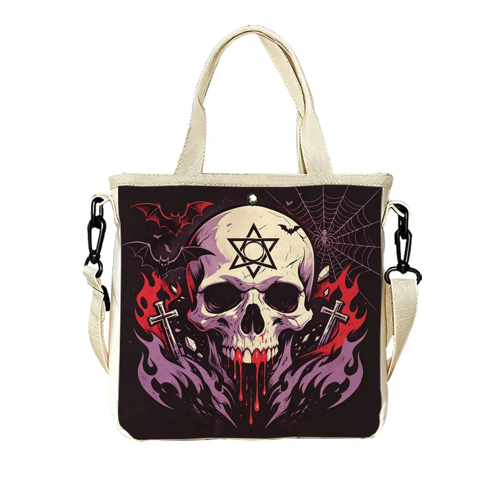 Skull with bat wings Double-Sided Printed Canvas Shoulder Tote Bag Detachable Crossbody Strap Purse for Road Trips