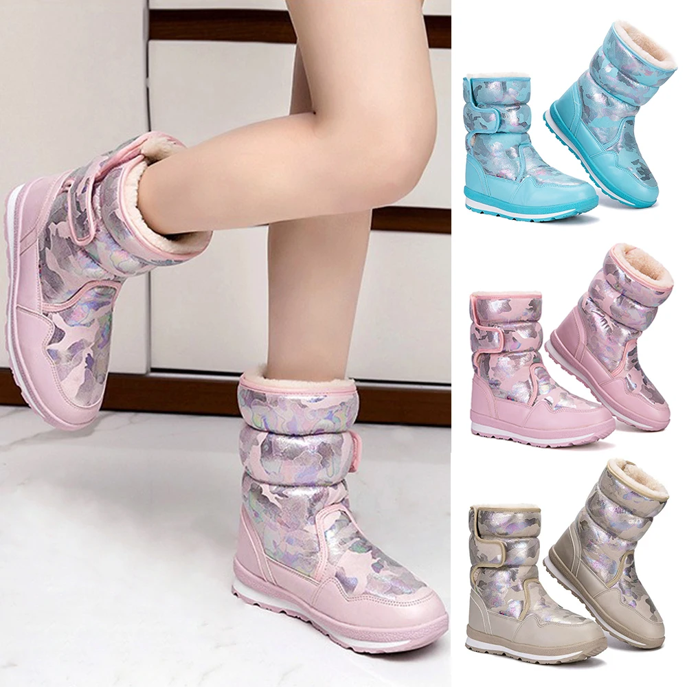 

Утолщенные пушистые детские зимние сапоги с высоким берцем, плюшевые ботильоны для мальчиков и девочек, детская уличная непромокаемая теплая хлопковая обувь для родителей и детей