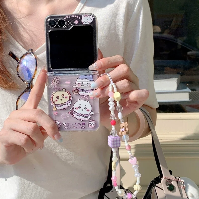 Cute Cartoon Anime Chiikawa Usagi Hachiware Card Wallet Pocket Phone Case For Samsung Galaxy Z Flip 7 6 5 4 3 Cover With Lanyard - náhled 2