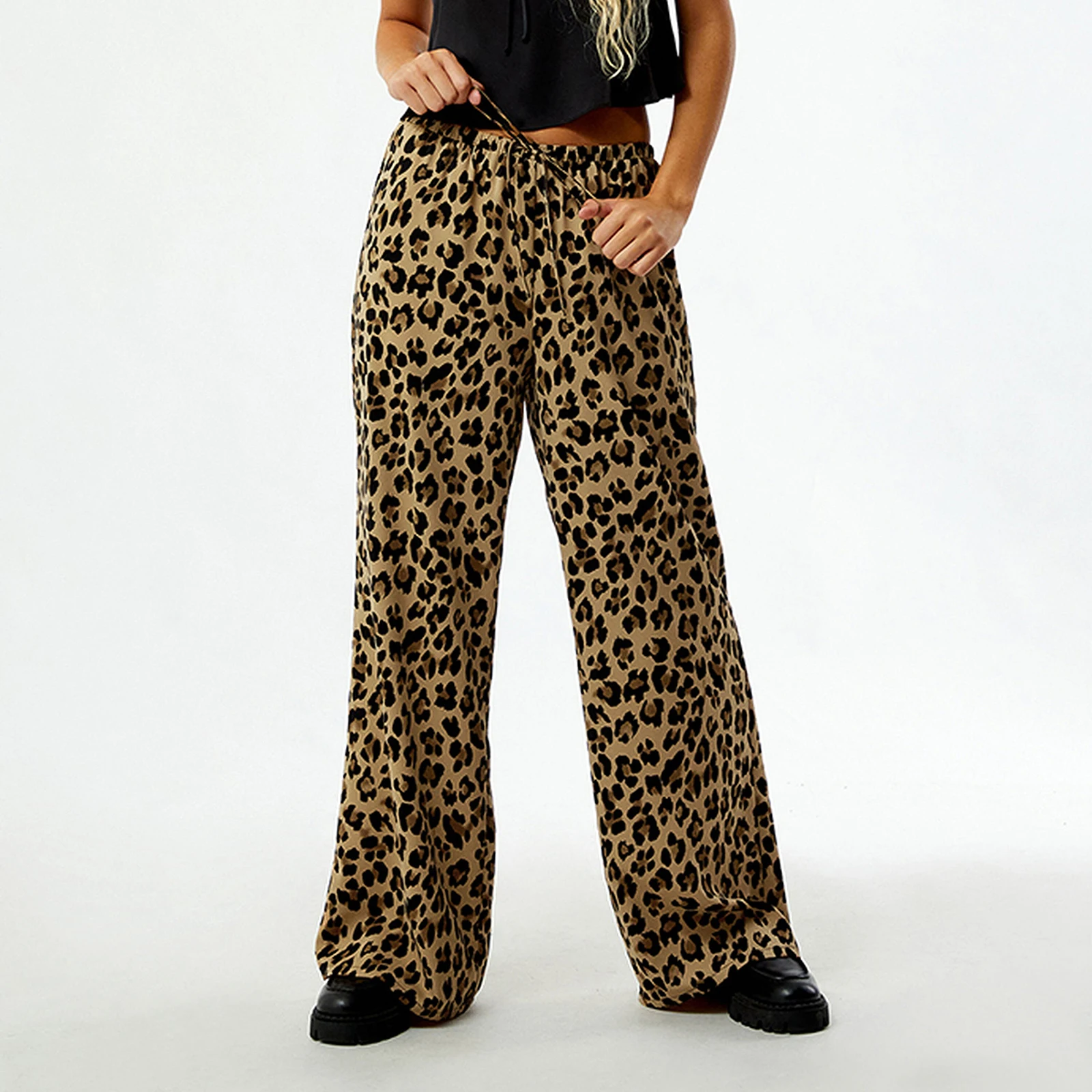 Women Wide Leg Pants Elastic Waist Loose Leopard Print Pants Trousers Streetwear