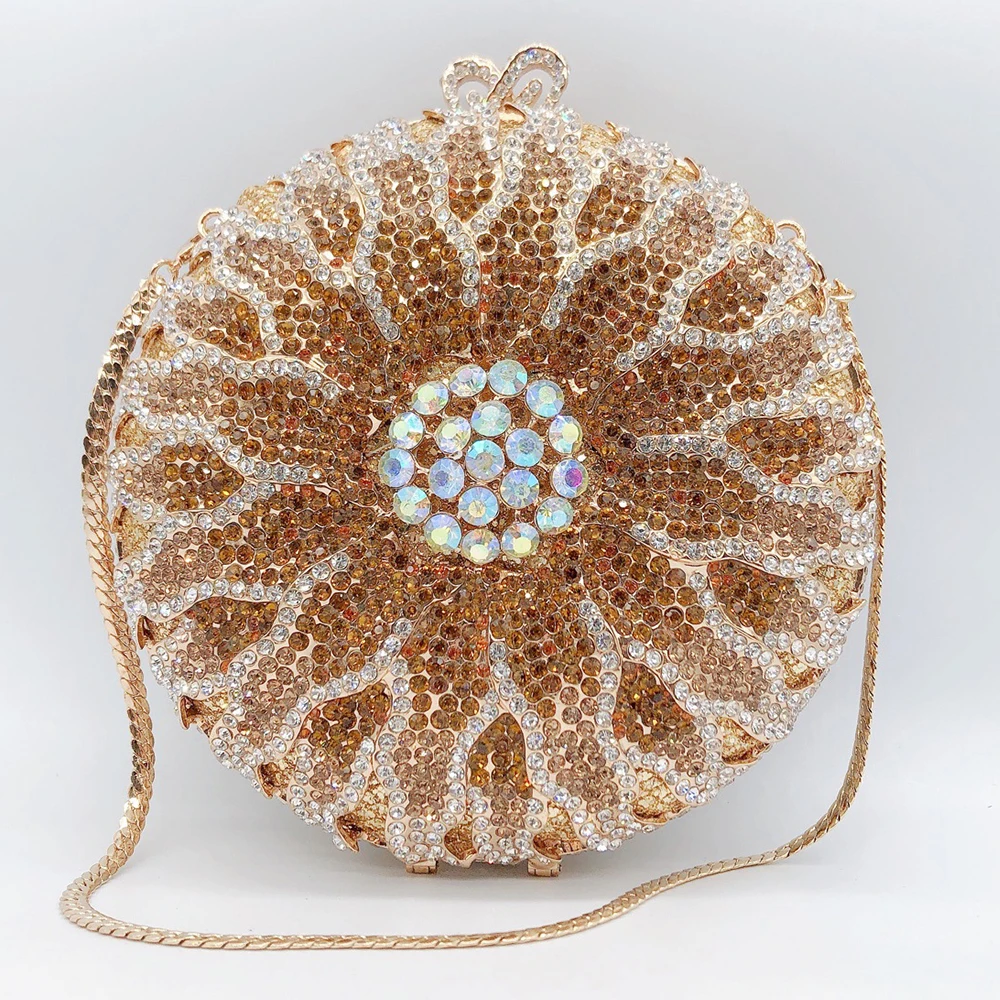 

Round White/Brown Crystal Evening Clutches WHTUOHENG Diamond Sunflower Minaudiere Luxury Rhinestone Wedding Bridal Party Purse