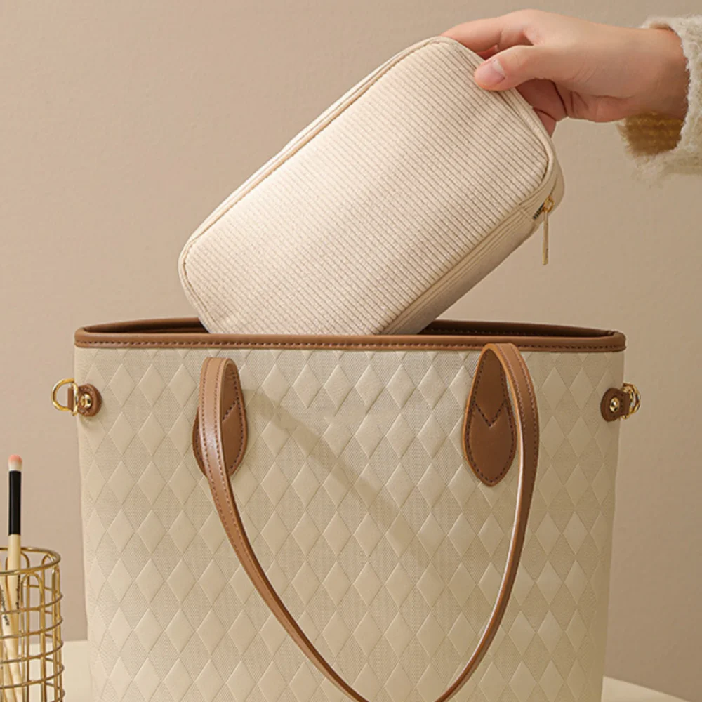 New Corduroy Makeup Bag For Women Portable Travel Cosmetic Bag Solid Color Zipper Toiletry Pouch Washing Pouch Storage Bags