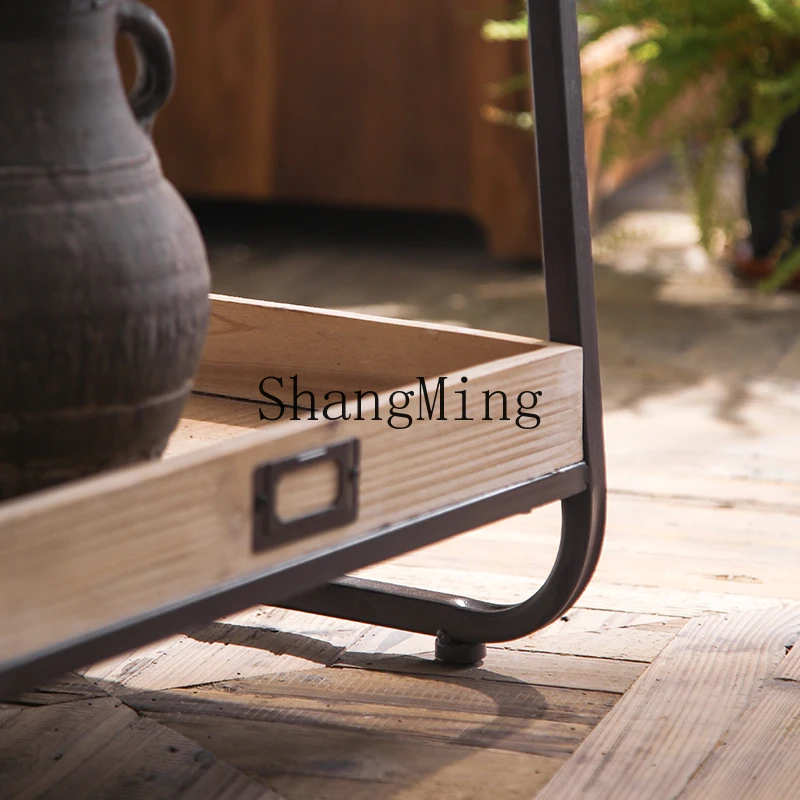 LXY retro wrought iron multi-layer floor-to-ceiling living room small shelf pastoral home solid wood storage rack