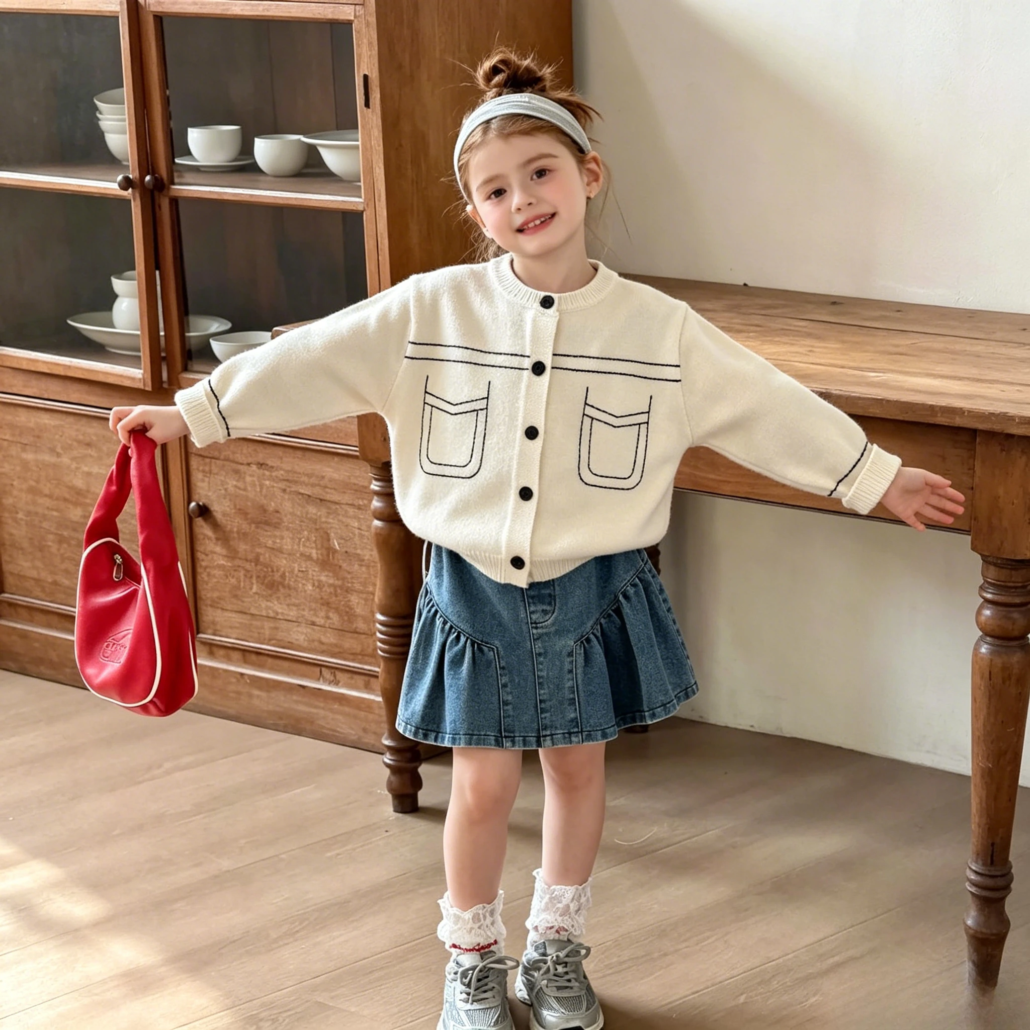 2026 New Young Kids Button Patchwork Knit Cardigan Round Neck Embroidered Cardigan Sweater Kids Casual Jacket Versatile