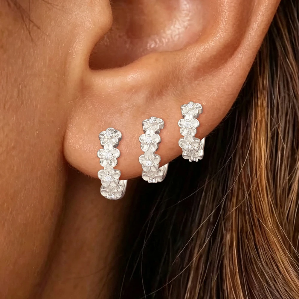 3PCS Fashion Zircon Flower Hoop Earrings Set For Women Vintage Plant Elegant Engagement Birthday Jewelry Gift 8/10/12mm