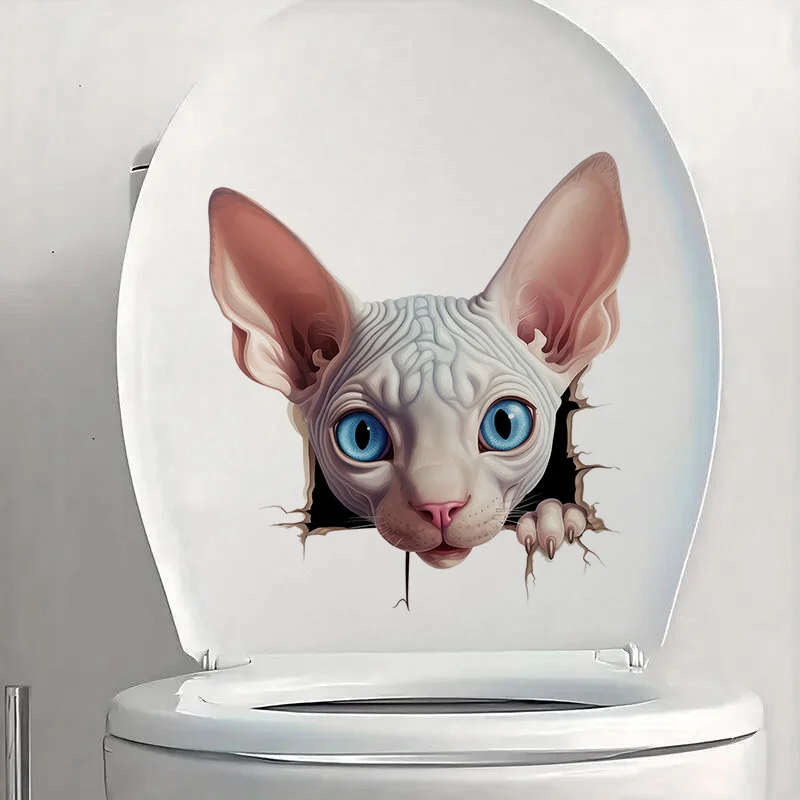 C1324# 3D Sphynx Cat Toilet Stickers, Bright Bathroom for Home Decoration, Vinyl Decals, Art Wall Paper, Outdoor Indoor Use