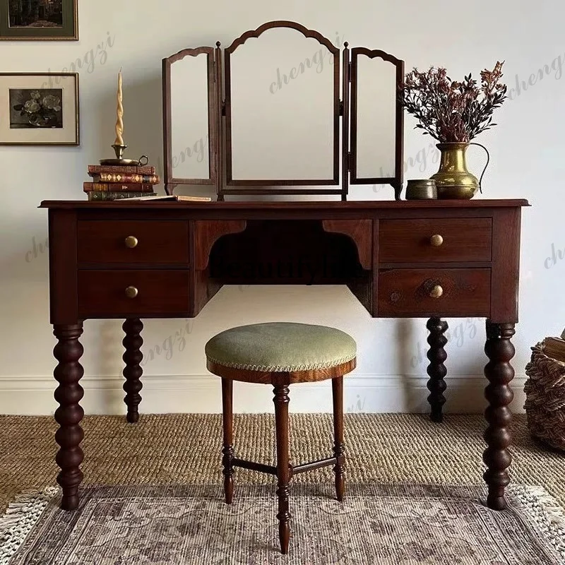 retro solid wood dresser, bedroom makeup table, antique simple Roman column storage side cabinet customization
