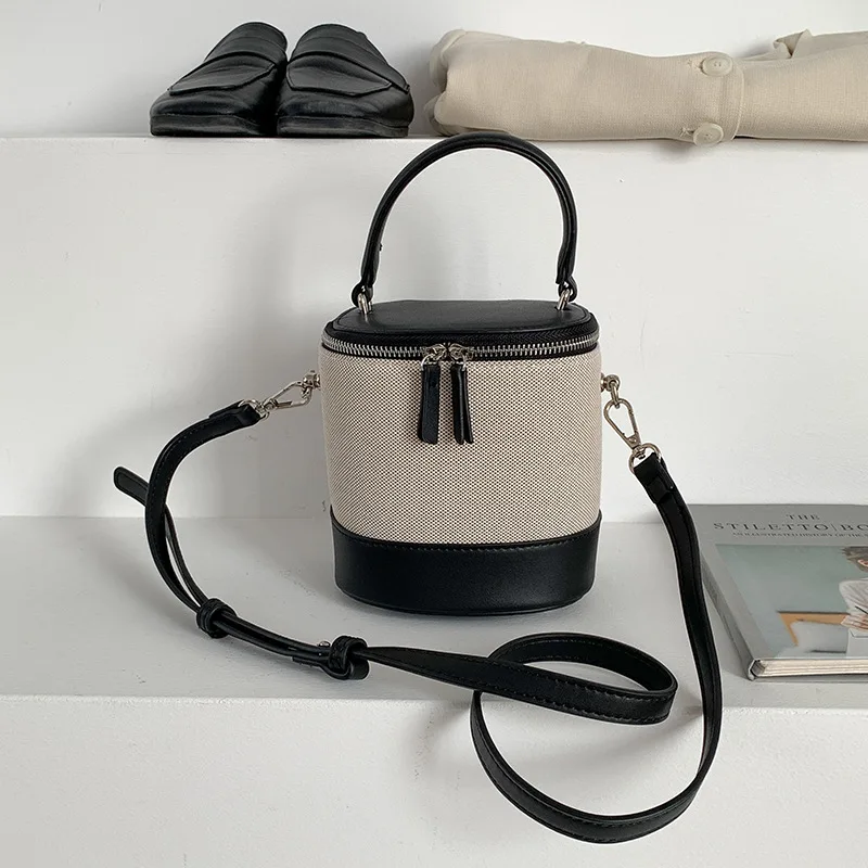 Fashion Canvas Bucket Bag Patchwork Women Designer Handbags Barrel-shaped Crossbody Bags for Women High Quality Shoulder Bag New