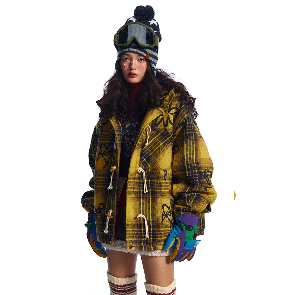 2024 Winter Women Retro Plaid Wool Loose Quilted Hooded Coat Sweat Gilr Streetwear Padded Cotton Parka Jacket Y2k Outerwear