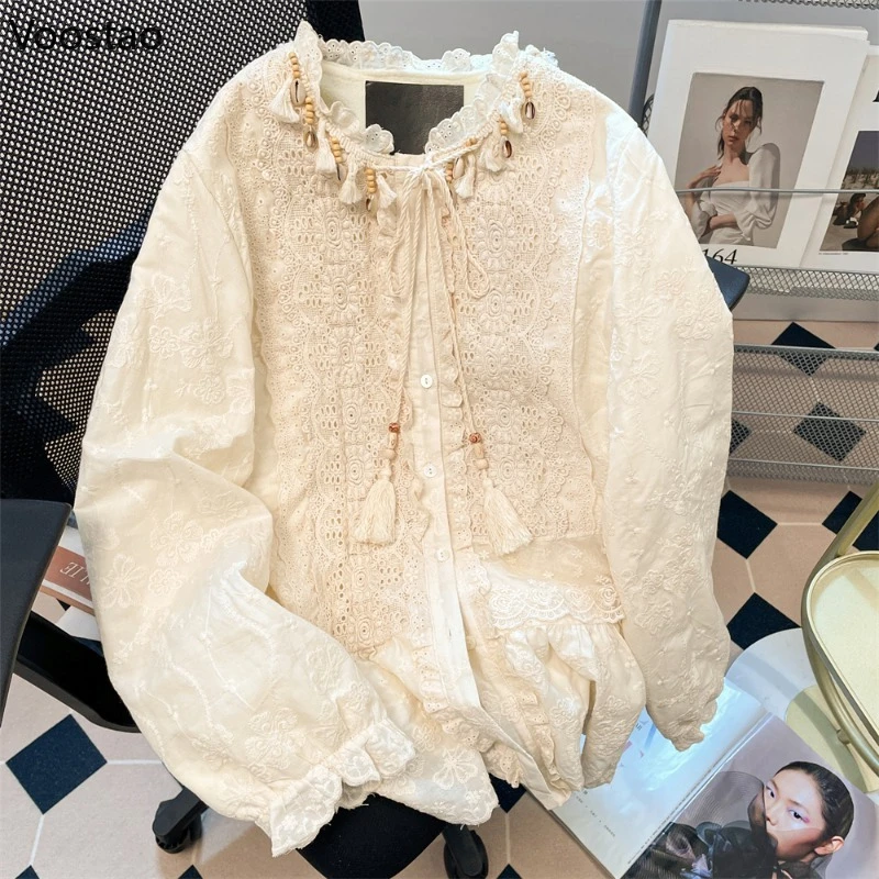 

Autumn Vintage Sweet Shirt Women Elegant Lace Embroidery Tassel Long Sleeve Loose Blouses Female Casual National Style Blusas