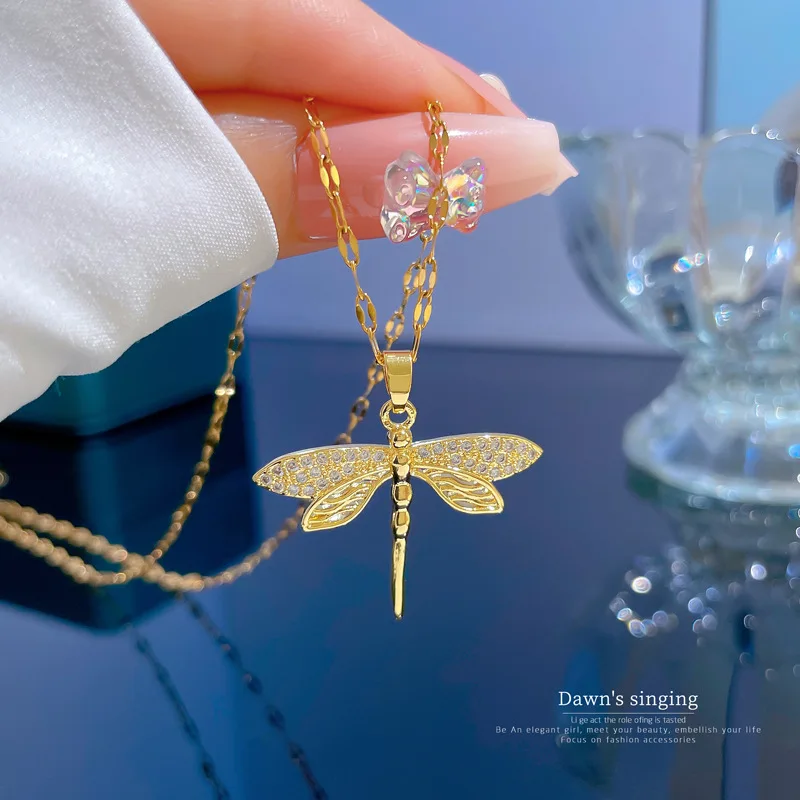 316L Stainless Steel Personality Dragonfly Pendant Necklace For Women Fashion Girls Clavicle Chain Party Jewelry Gifts image 3