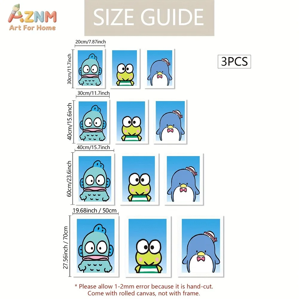 `Hangyodon Keroppi Tuxedo Sam Canvas Wall Art 3pcs Set, Blue Sky Cute Cartoon Poster, Kawaii Minimalist Canvas Print, No Frame`