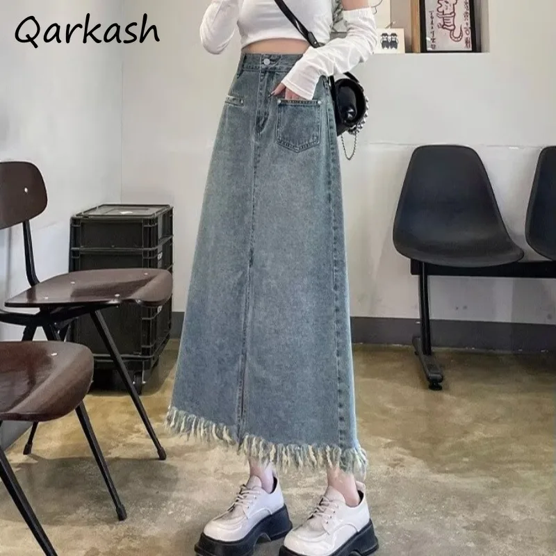Saias femininas cintura alta fenda borla design a linha zíper bolso midi denim ulzzang na moda all-match temperamento lazer verão