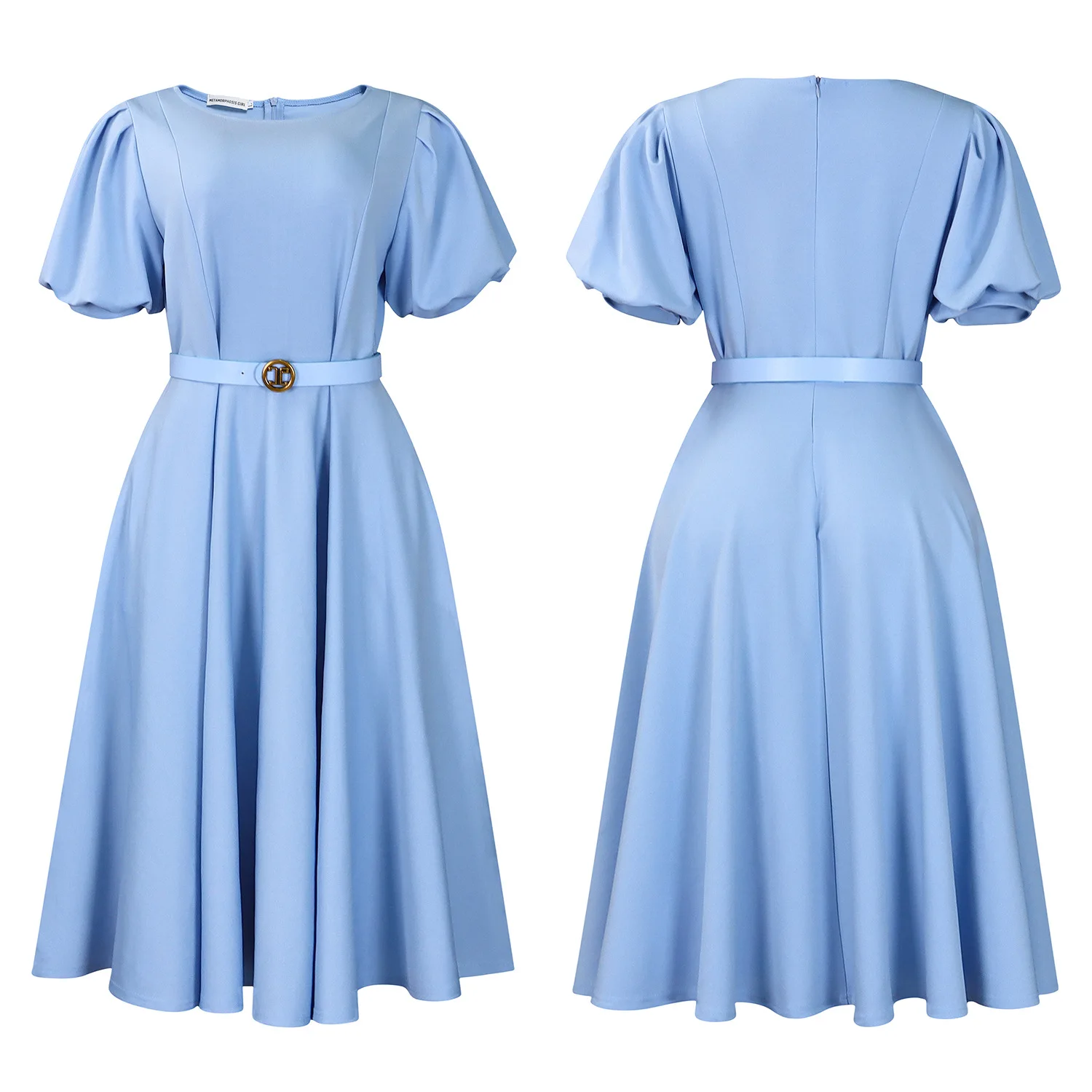 

Women Large Skirt Mid-length O Neck Belt Waisted Pleated Female Short-sleeved High Foreign Large-size African Outfits Dress