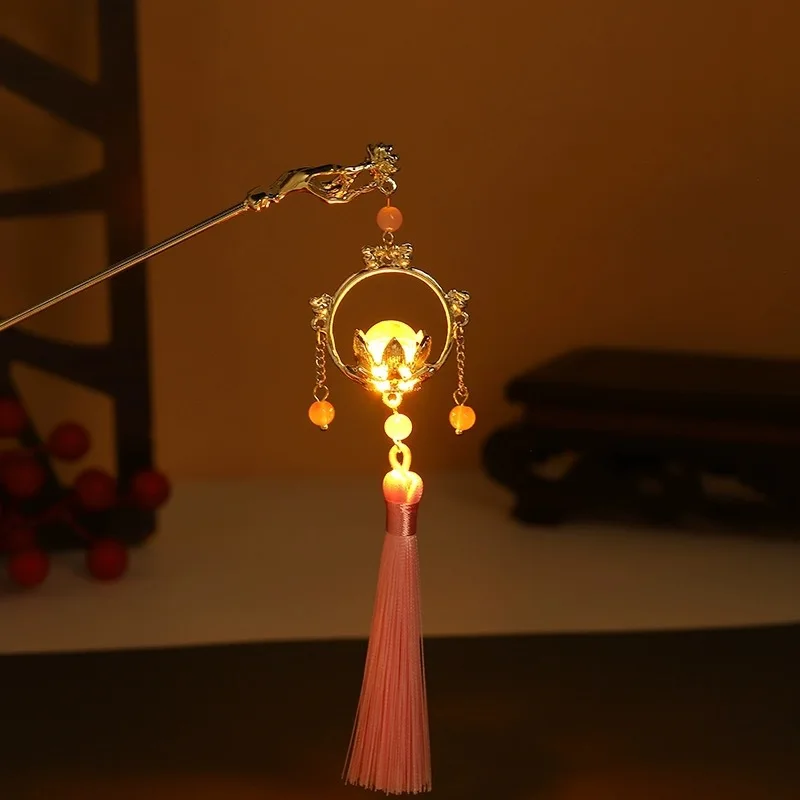 Chinese Lantern Hairpin LED Light Hair Stick For Women Retro Lotus Flower Tassel Hair Clasp Vintage Han Costume Hair Bun Jewelry