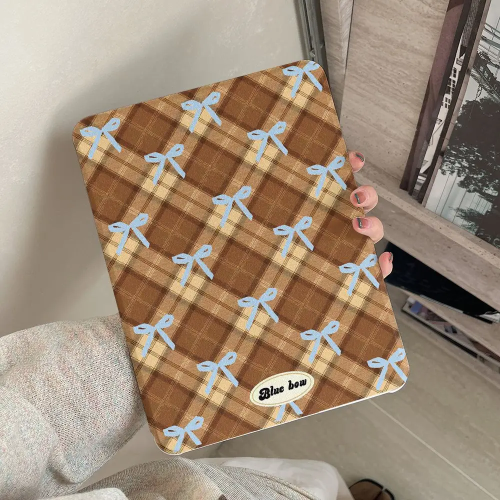Korean Retro Brown Checkered Bow For iPad Cover Pro Air 13'' 11'' M5 M4 M3 M2 2 1 11th A16 12.9'' 10 9 8 Th Mini 7 6 5 4 Case