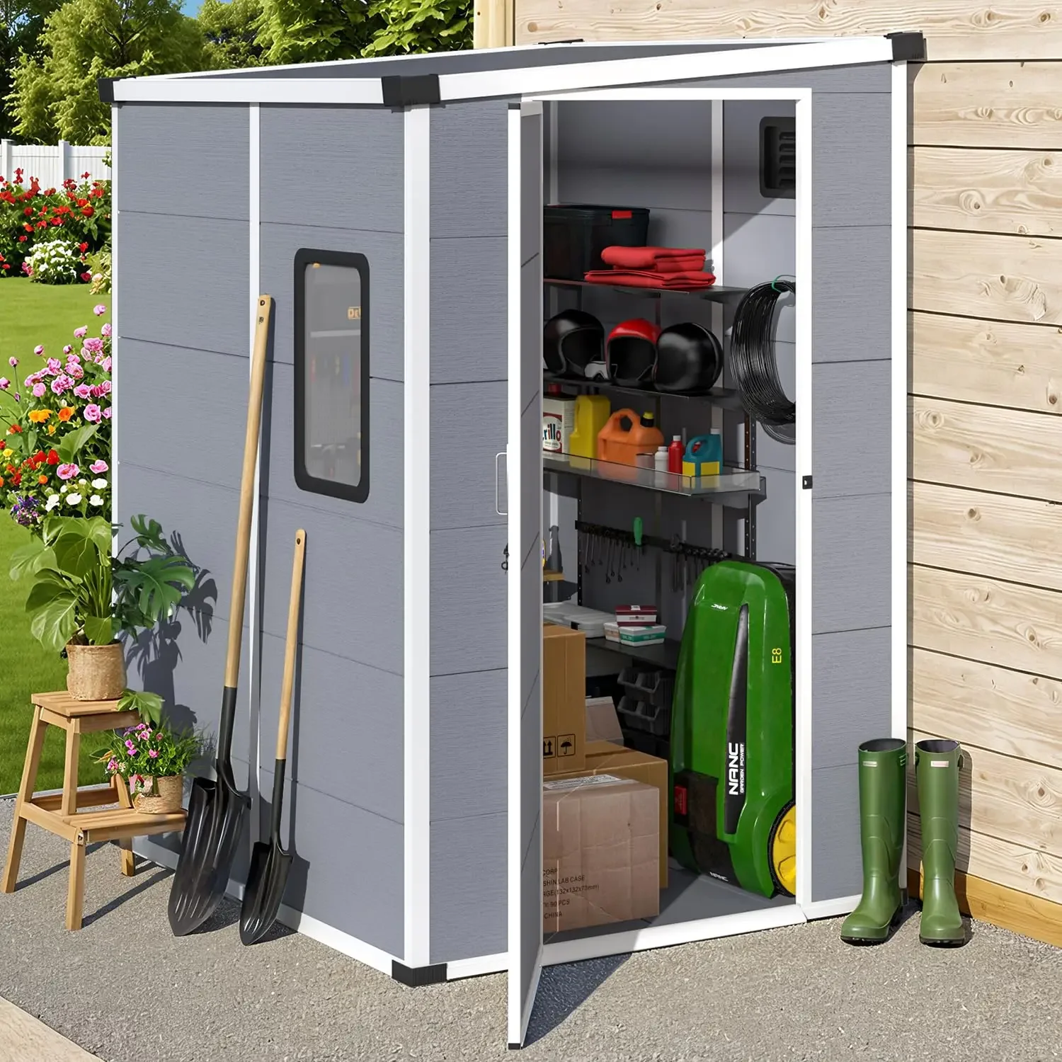 

5x4 FT Outdoor Storage Shed with Windows & Lockable Door Resin Floor Garden Garbage Can Lawnmower Bike, Custom
