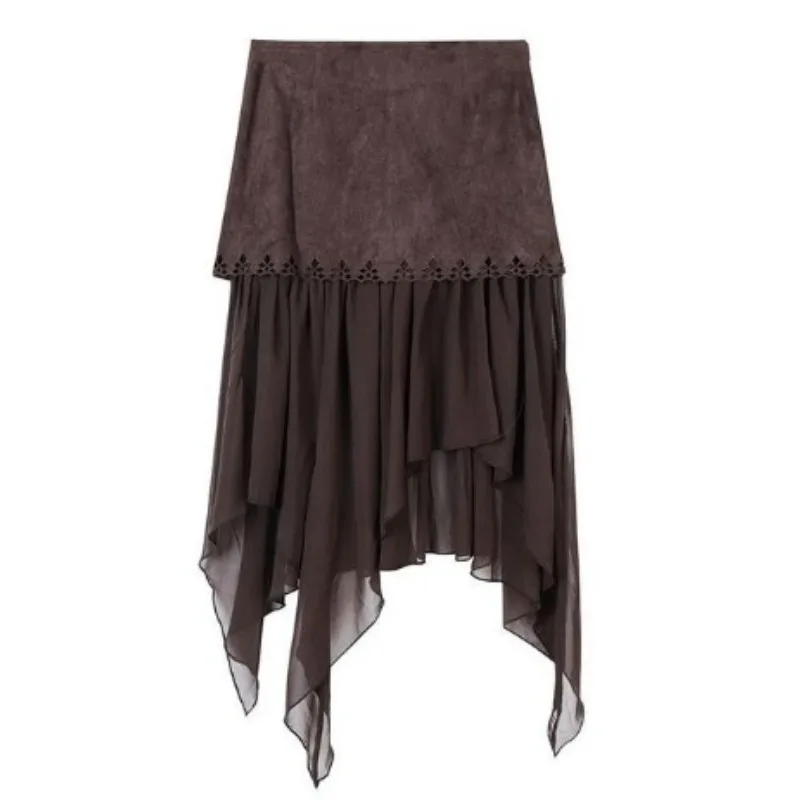 不規則な鹿革ベルベットカジュアルミッドレングススカート女性 2026 春ハイウエストソリッドカラーカジュアルメッシュステッチ A ラインスカート