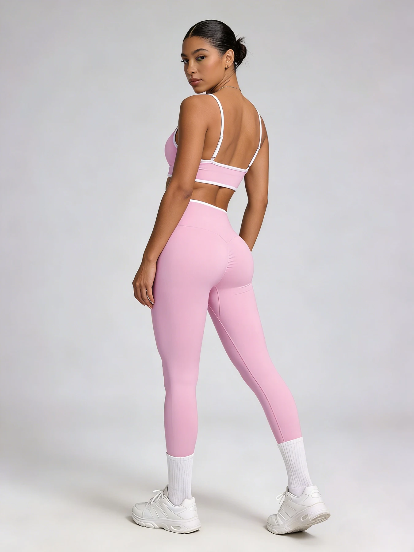 

Women's 2Pcs Pink Contrast Trim Yoga Outfit Spaghetti Strap Sports Bra High Waist Leggings Gym Wear