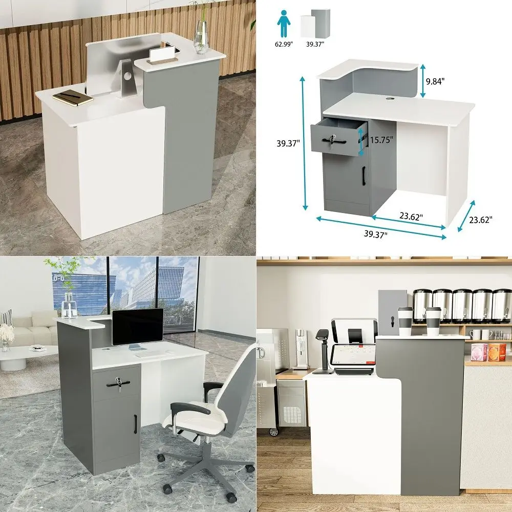 

Shaped Reception Desk with Lockable Drawer, Small Front Desk, Office Reception Room Table, Checkout Retail Counter for Office L