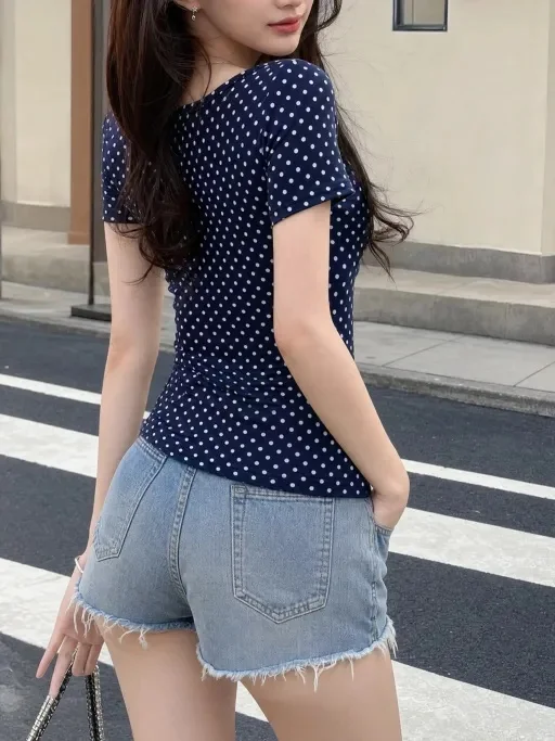 Dark Blue Polka Dot Short-Sleeved V-Neck T-Shirt Gathered Waist Slimming Effect French Retro Girl-Style Top view 2