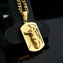 Stainless Steel Crucifix Scripture Pendant Christ Miami Cuban Chain Religious Necklace Men\'s Fashion Prayer Jewelry