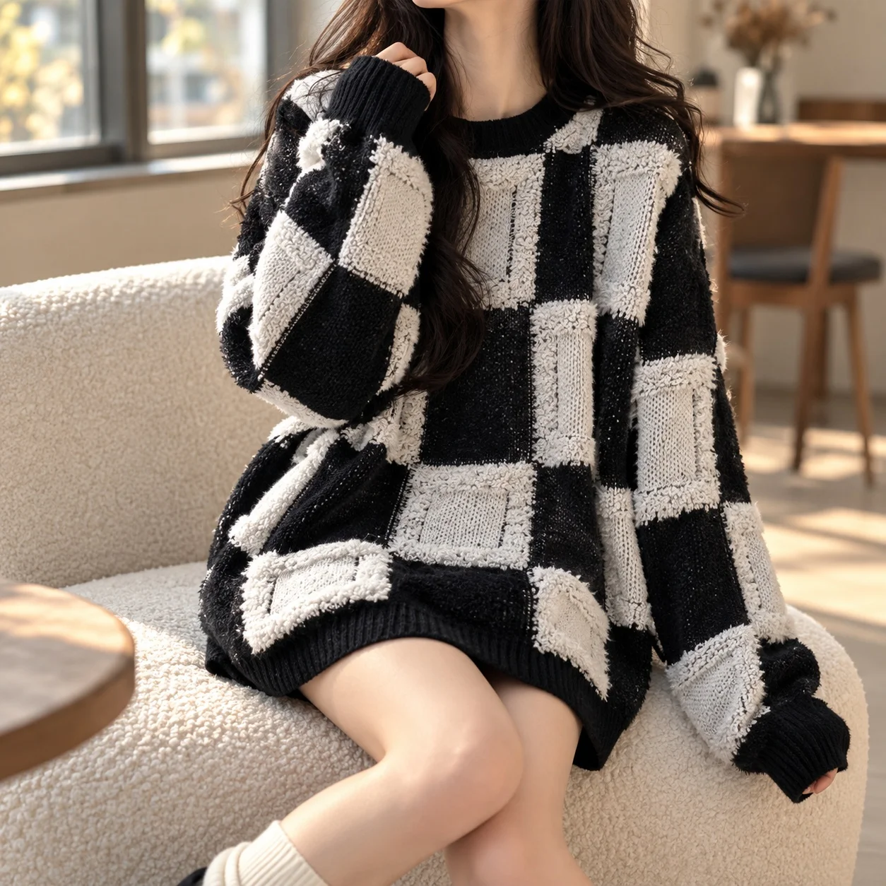 Plaid Checkered Loose Fit Sweater with Heat Set Gothic Regular Length Thick Pullover Round Neck Long Sleeve Women Sweater
