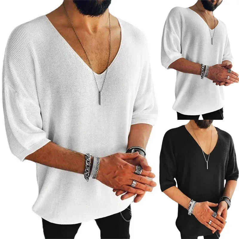 New Men's Summer Autumn Short Sleeved Top Fashionable Casual V-neck Knitted Shirt Male T-shirt