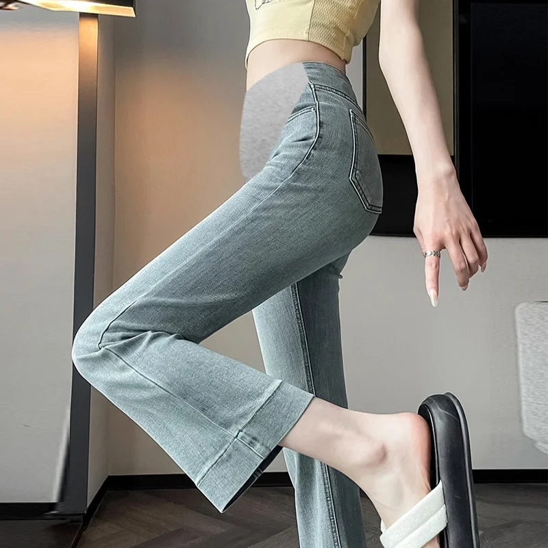 Stretch Washed Denim Boot Cut Jeans for Maternity Autumn Korean Fashion Slim Fit Flared Pants for Pregnant Women Pregnancy Youth