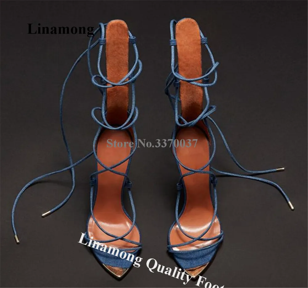 Linamong Newest Blue Denim Thin Heel Sandals Sexy Pointed Open Toe Straps Cross Stiletto Heel Dress Shoes Party Club Pumps