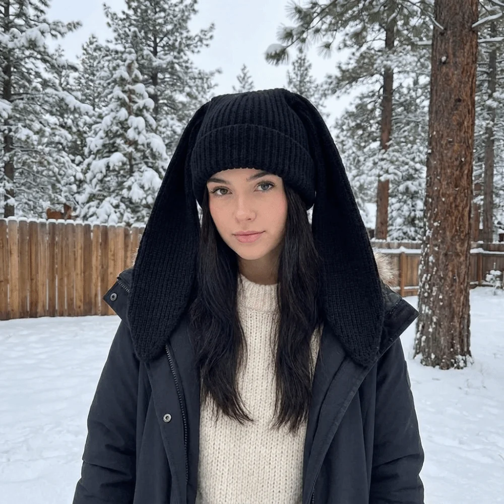 Vintage Solid Color Rabbit Long Ear Knitted Hat Warm Thickened Bunny Beanies Hat Coldproof Breathable Winter Pullover Hat Girl