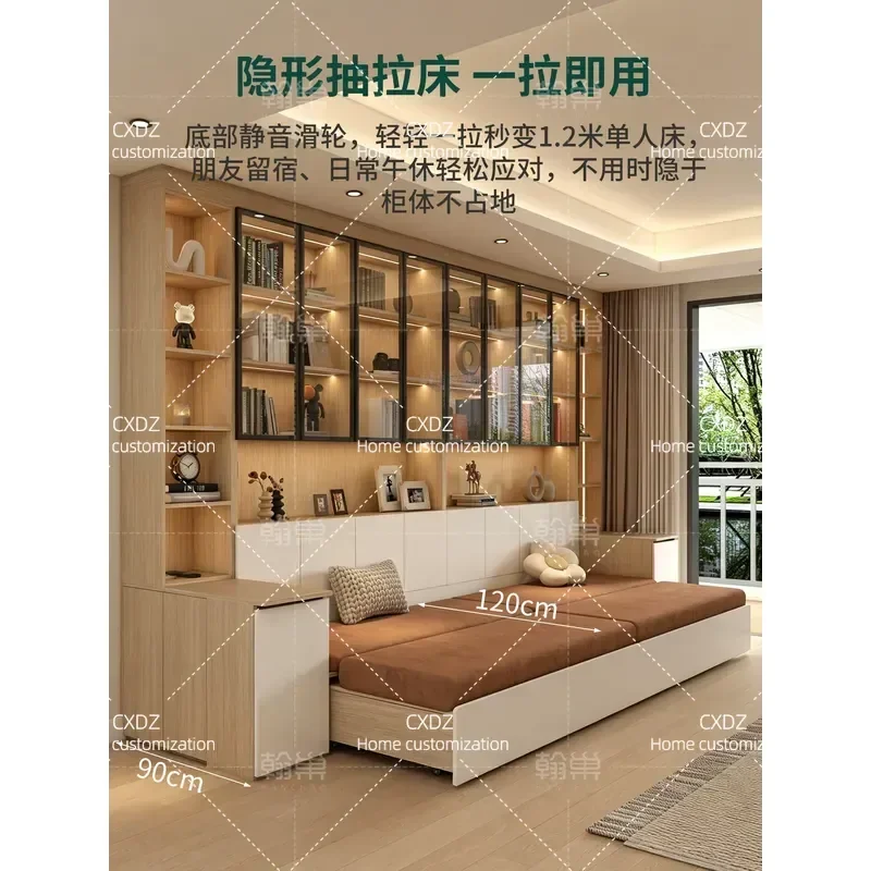 Foldable Wall Bed Sofa with Bookcase and Storage Locker Multi-functional Space Saving Furniture for Small Apartment Living