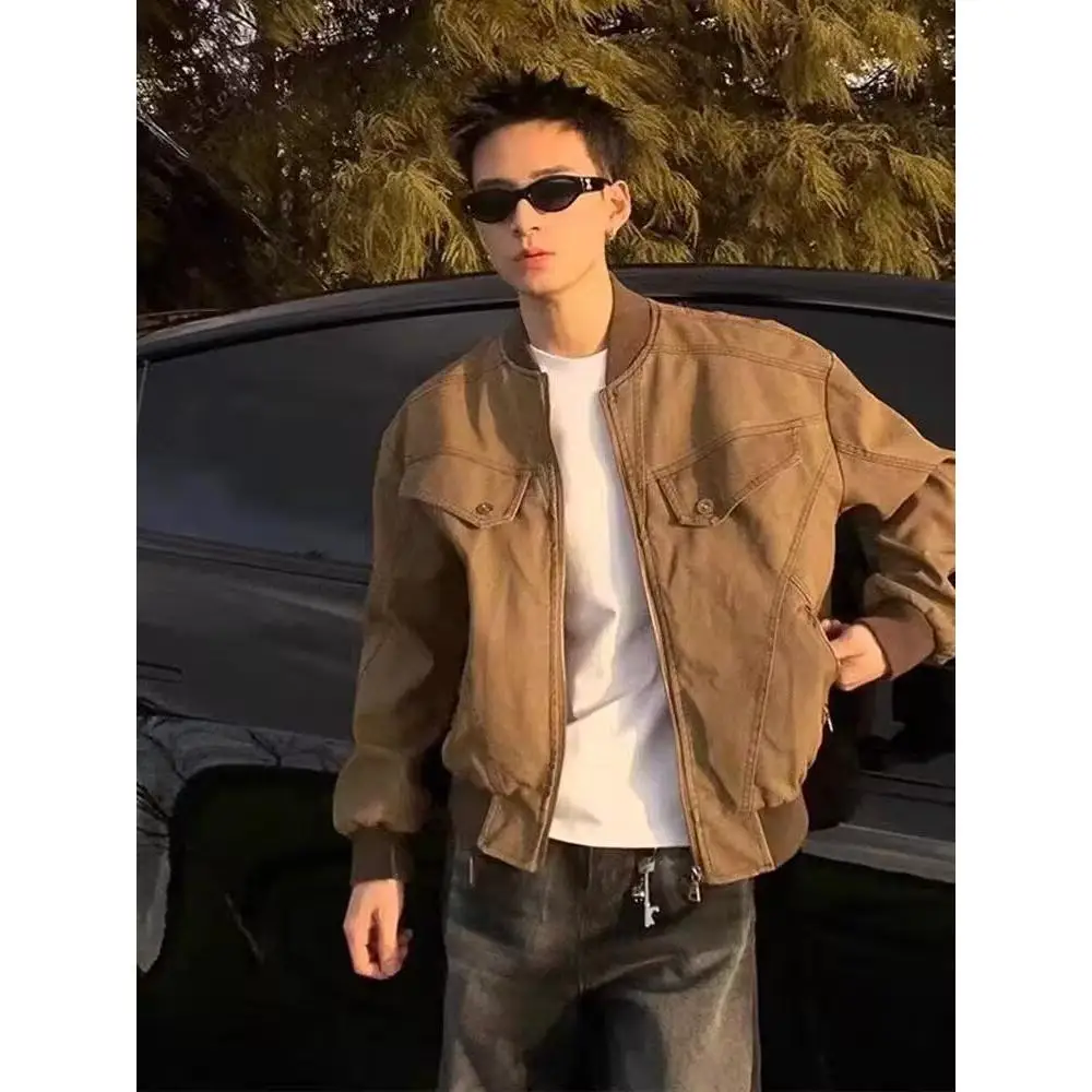 

Brown Workwear Jaet Men's Spring Autumn Winter Trendy Baseball Sle Retro Harrington Coat Youth Casual Polyester Fabric