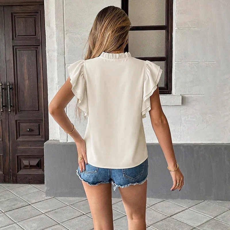 Summer Women's Clothing Short Sleeve Ruffled Open Front Shirt Loose Stand Collar Tie Up Top For Woman Polyester Casual Blouse