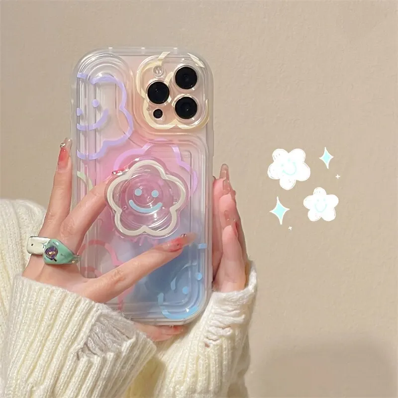 Sun Flower Ring Holder Transparent Phone Case For iphone 15 14 12 13 11 Pro Max Plus Girl Cute Floral Stand Clear Soft Cover