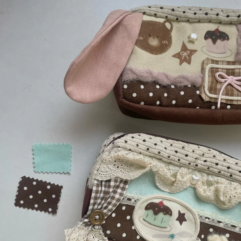 Y2K Vintage Brown Polka Dot Pen Bag Lace Curtain Design Handmade Plaid Ribbon Decor Canvas Makeup Pouch Decorative Accessories