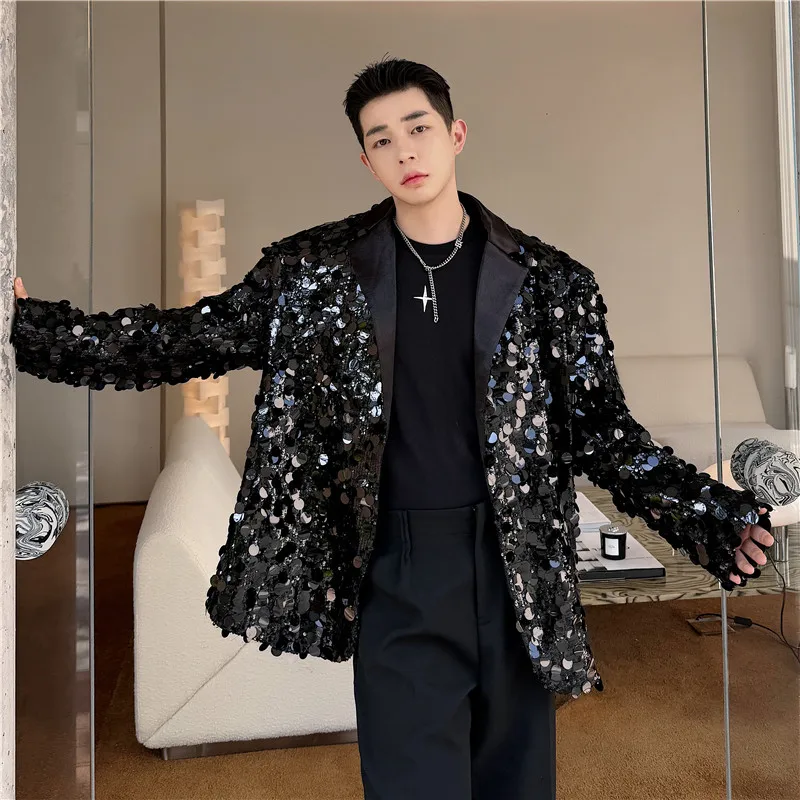 Korean Men\'s Sequins Blazer Jackets Party Performance Singer Stage Shiny Clothing Black Silver Oversize Suit Coat Man