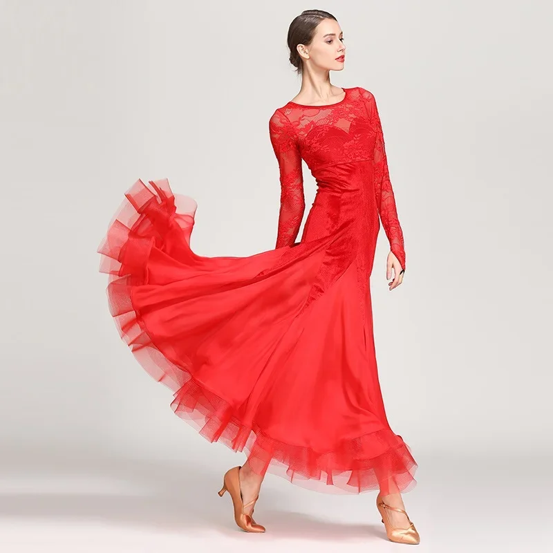 Spitze Samt Nähte Fischschwanz Frauen Standard Ballsaal Kleid Spanisch Tanz Kostüme Flamenco Walzer Kleid Elegante Party Kleid