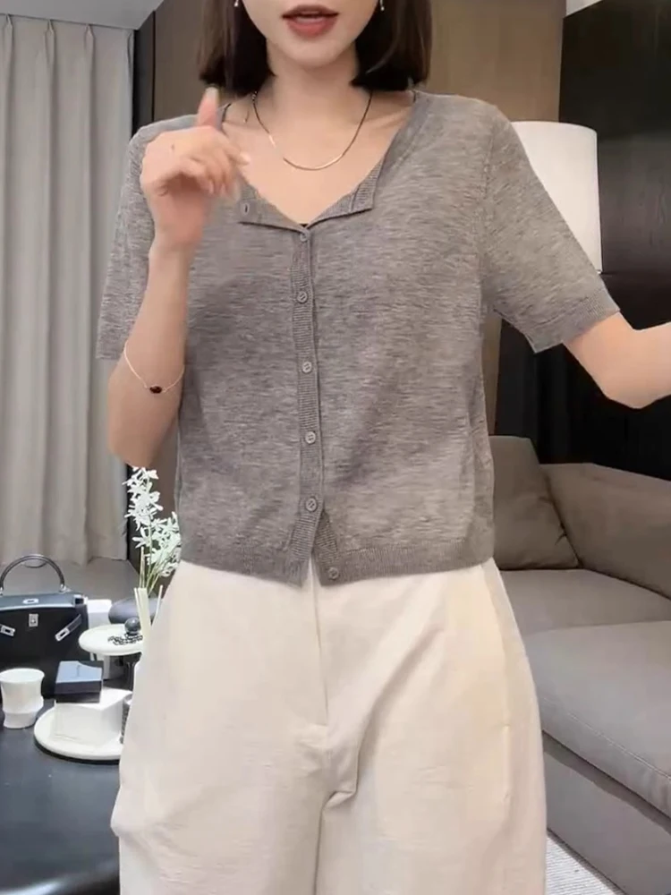 

Однотонный вязаный кардиган с открытым воротником и коротким рукавом, повседневный, приталенный, базовый слой, в корейском стиле, для работы, шелковый топ