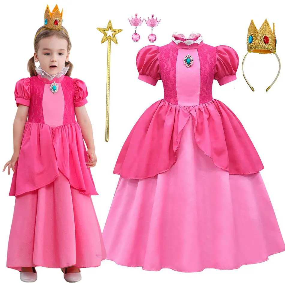 Girls Game Role Playing Princess Dress Peach Halloween Cosplay Costume Fancy Party Lace Ball Gown Children Carnival Frock Dress