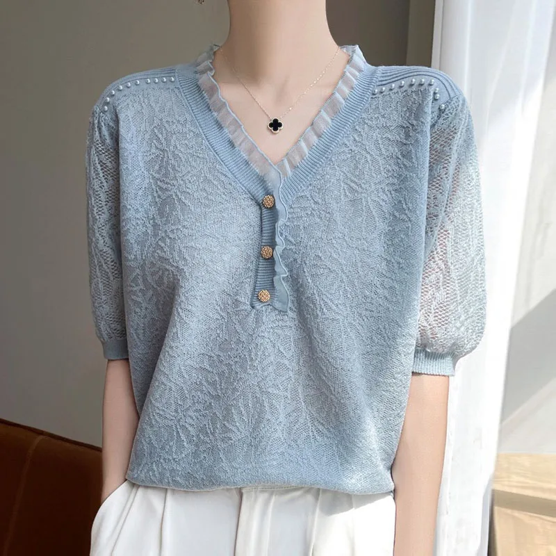 

Knitwears Ruffled Collar Knitted Sweater Women Pullovers New Short Sleeve Knit Sweater Pullover Women Tops Sueter Feminino Q2758