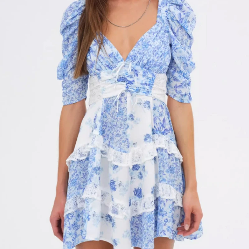 2025 Boho azul estampado Floral vestidos de verano mujeres Sexy espalda descubierta cuello en V encaje empalmado A-line Vestido corto vacaciones bata