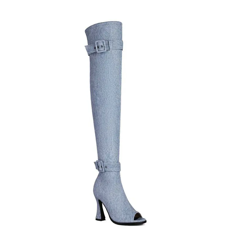 Sexy Blue Denim Jeans Peep Toe Buckle Belt Designer Women Overknees Big Size  45 46 Thigh High Over-the-knee Long Shoes Boots